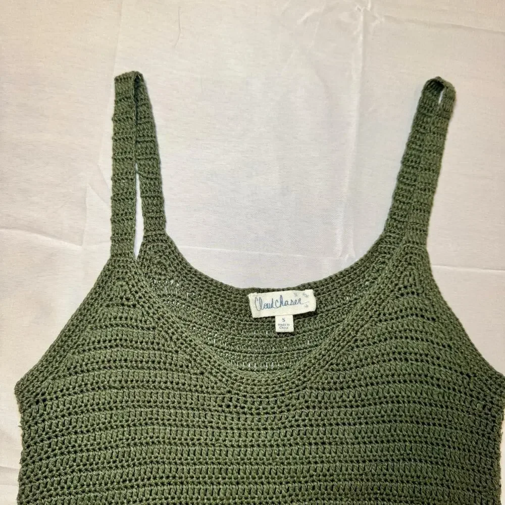 Olive Green Crochet Fringe Hem Tank Top Boho Festival Knit Women's Small Indie - Picture 7 of 11